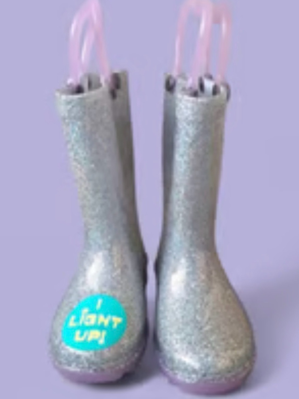 Western Chief Silver Glitter Light-Up Kids Rain Boots with Purple pull Tabs